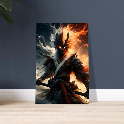 Futuristic elemental warrior with flaming hair and glowing eyes, in textured armor, holding a staff amid stormy skies and swirling winds.