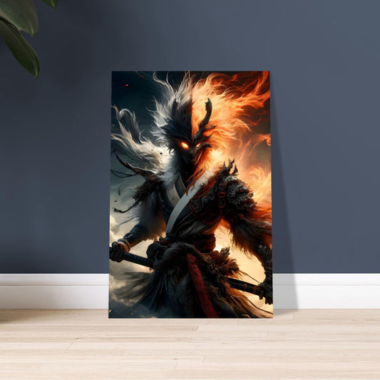 Futuristic elemental warrior with flaming hair and glowing eyes, in textured armor, holding a staff amid stormy skies and swirling winds.