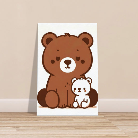 Canvas print of a mother bear guiding her cub along a peaceful forest trail in soft earthy tones.