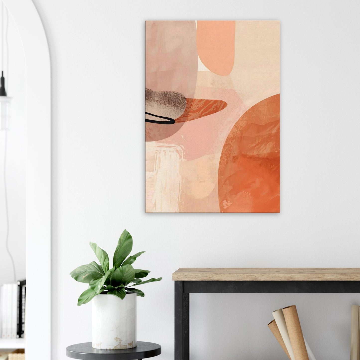 Warm terracotta and blush abstract canvas artwork featuring soft flowing curves and layered textures.