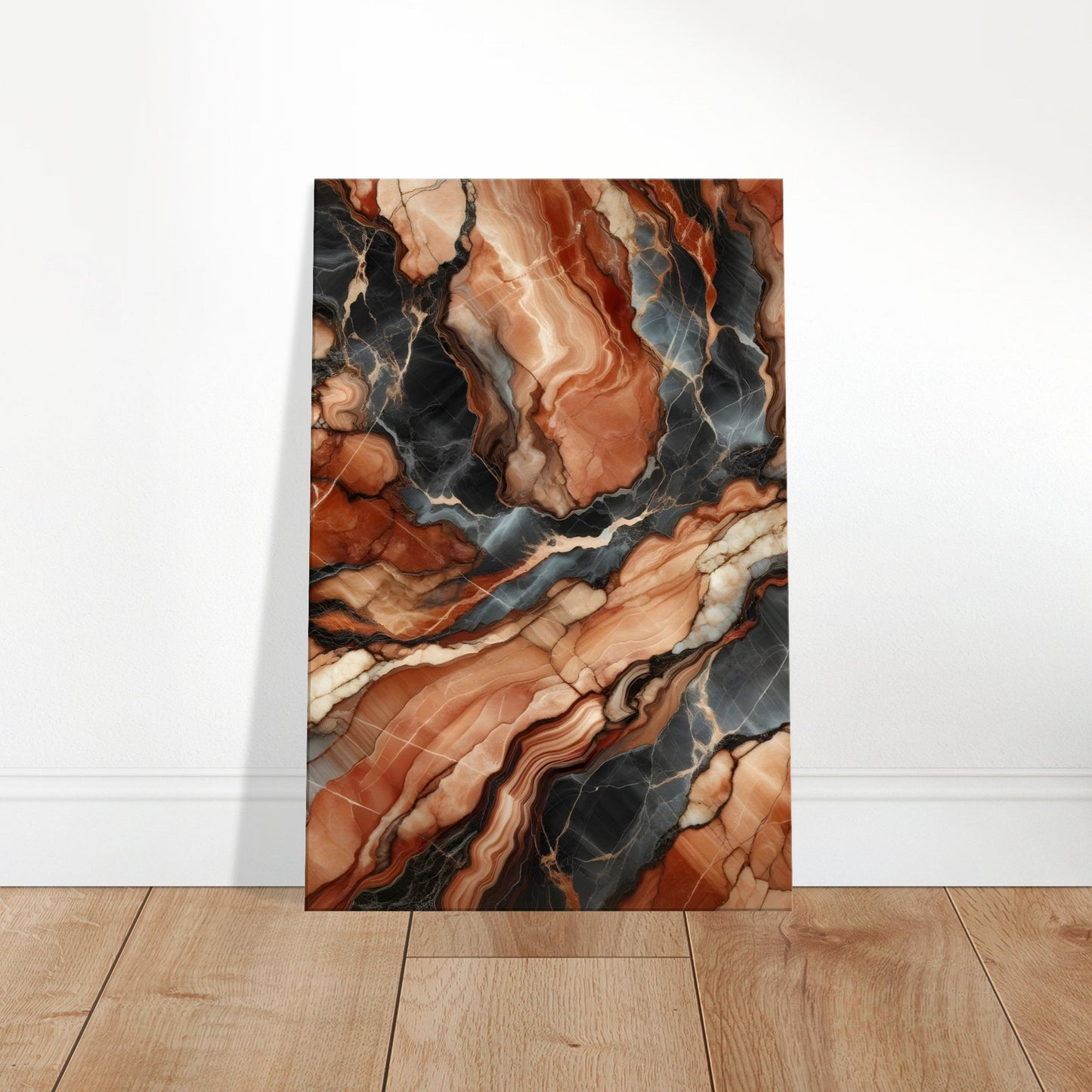 Terracotta-toned marble wall art with deep charcoal grey veining and a polished, light-enhancing surface.