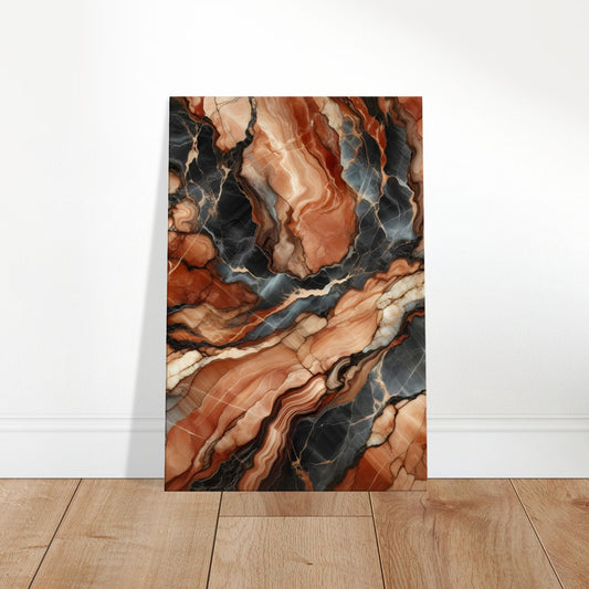 Terracotta-toned marble wall art with deep charcoal grey veining and a polished, light-enhancing surface.