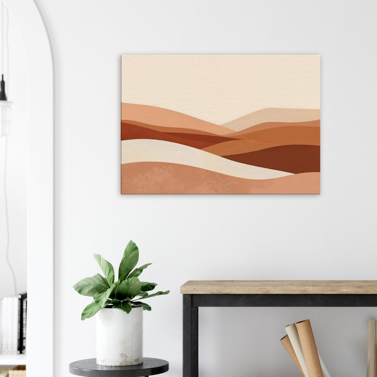 Landscape abstract canvas featuring soft terracotta and sand-toned horizontal strokes.