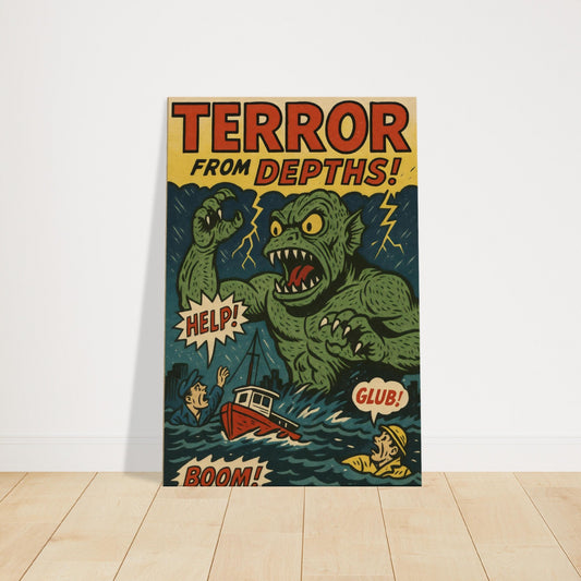 Vintage comic artwork of a giant green sea monster attacking a ship with HELP and GLUB text in retro halftone style.