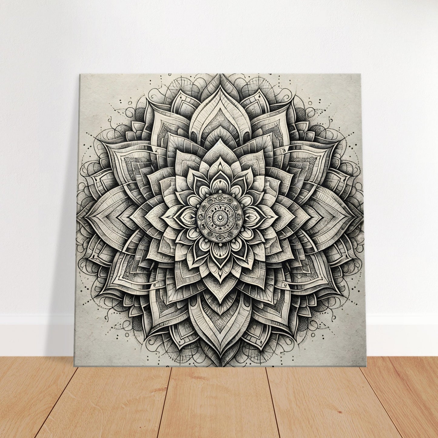Mandala sketch with fine pencil lines and shading on textured paper, showing depth and hand-drawn detail.