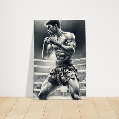 Pencil sketch of a Muay Thai fighter in traditional attire standing poised in a Thai boxing ring.