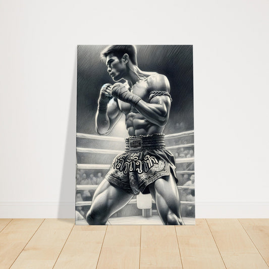 Pencil sketch of a Muay Thai fighter in traditional attire standing poised in a Thai boxing ring.