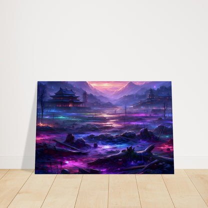 Fantasy battlefield with glowing colors and ancient Asian town under dramatic sky in luminous red, pink, blue, and orange hues.
