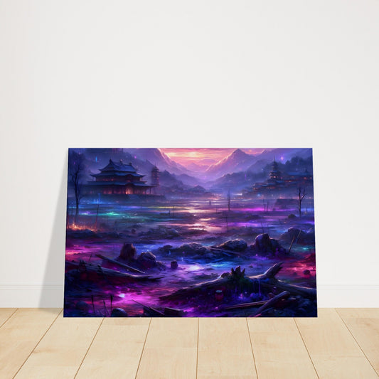 Fantasy battlefield with glowing colors and ancient Asian town under dramatic sky in luminous red, pink, blue, and orange hues.