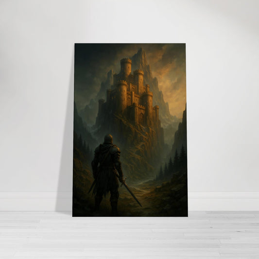 Golden-lit fortress rising from cliffs under aurora sky with lone adventurer standing below.