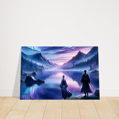Ethereal Japanese landscape with tranquil lake, mountains, cosmic sky in purple, blue, and pink, and two distant anime-style warrior figures.