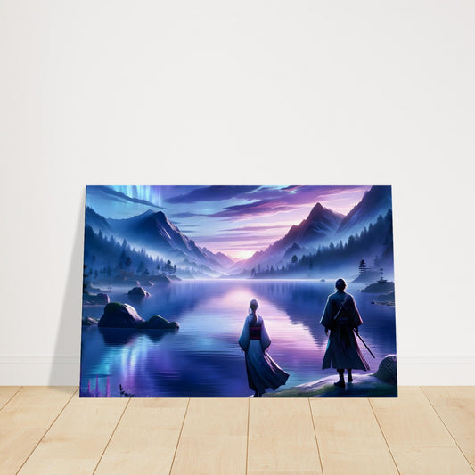 Ethereal Japanese landscape with tranquil lake, mountains, cosmic sky in purple, blue, and pink, and two distant anime-style warrior figures.