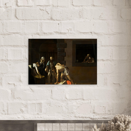 Canvas art reproduction of Caravaggio’s The Beheading of Saint John the Baptist, showcasing dramatic chiaroscuro and intense emotion in a Baroque style.
