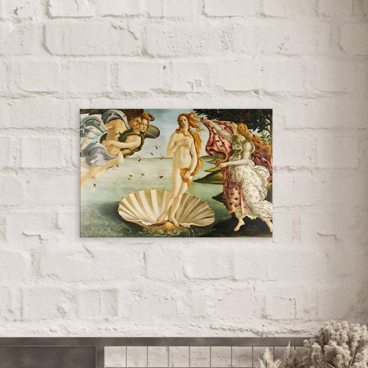 Canvas art reproduction of Botticelli’s The Birth of Venus, depicting Venus rising from the sea surrounded by flowing figures in soft Renaissance tones.