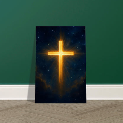 Golden cross glowing against a cosmic night sky with radiant beams. Displayed on premium quality canvas wall art print.