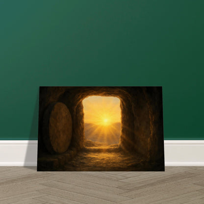 Interior of empty stone tomb illuminated by golden sunrise beams, 3:2 landscape displayed on premium canvas print.
