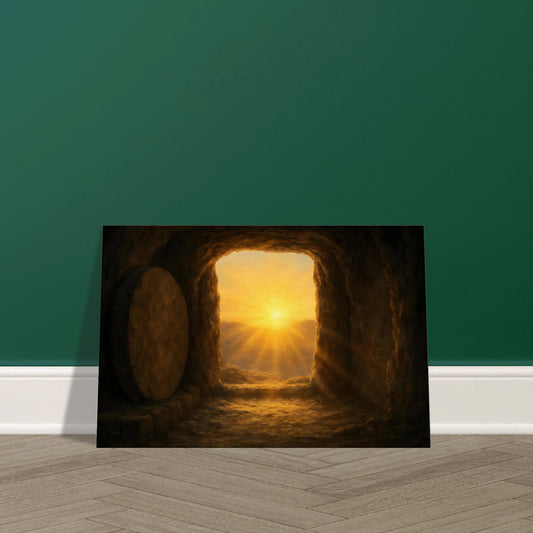 Interior of empty stone tomb illuminated by golden sunrise beams, 3:2 landscape displayed on premium canvas print.
