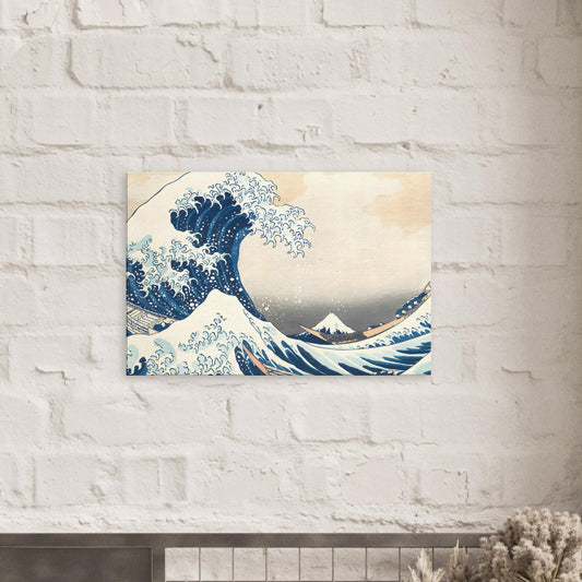 Canvas art reproduction of Katsushika Hokusai’s “The Great Wave off Kanagawa,” depicting a dramatic, curling wave with Mount Fuji in the background in traditional Japanese ukiyo-e style.