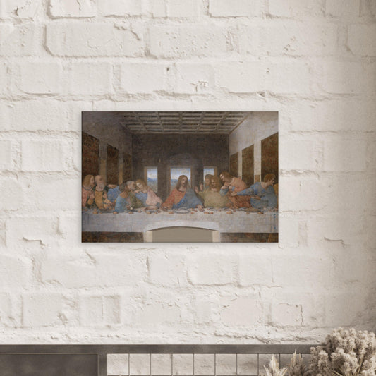 Canvas art reproduction of Leonardo da Vinci’s The Last Supper, depicting Jesus and his disciples in a dramatic Renaissance scene capturing the moment of betrayal.