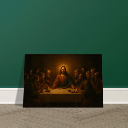 Jesus and His disciples at the Last Supper illuminated by golden candlelight on premium canvas print.