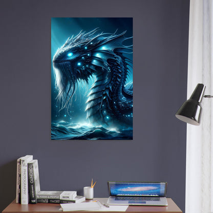 Metal poster of a massive glowing sea serpent with silver-blue scales and radiant eyes in a deep underwater landscape.