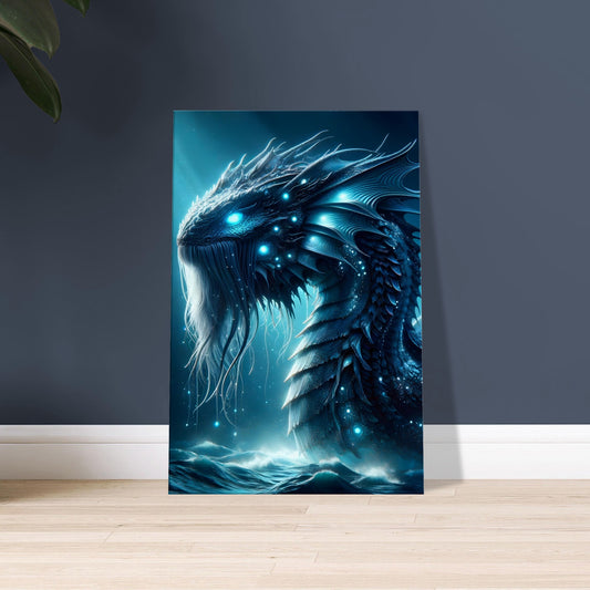 Mythical artwork of a colossal sea serpent with glowing cosmic blue eyes and silver-blue scales in a dark underwater environment.
