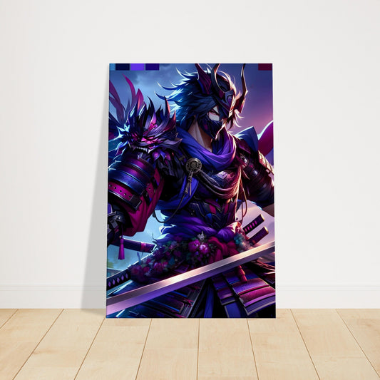 Anime-style masked samurai warrior in dynamic battle pose, wearing stylized armor, set against a mystical twilight background with deep purple and blue tones.