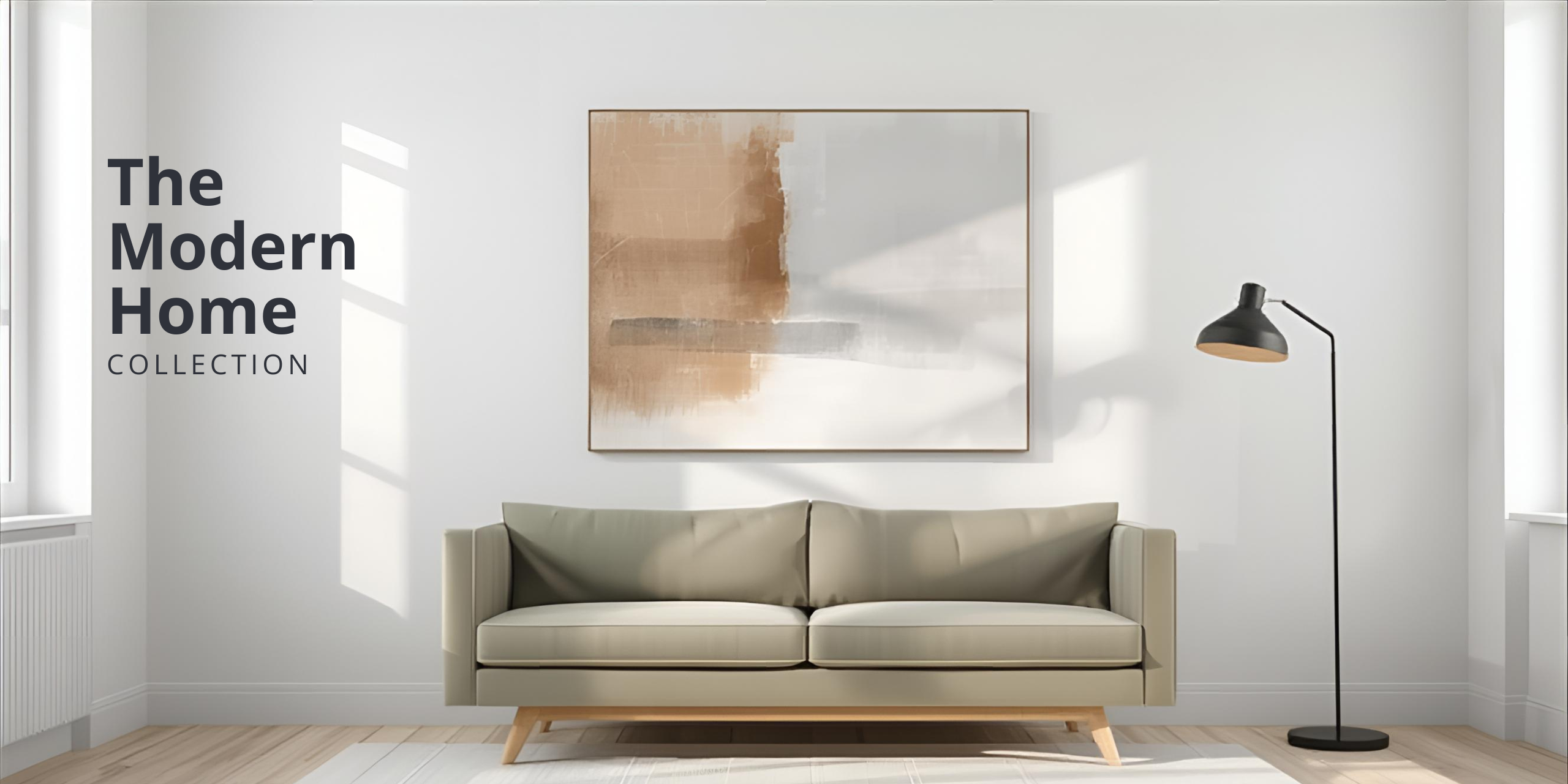 Modern living room with neutral beige sofa, minimalist floor lamp, and abstract beige and white canvas artwork showcasing The Modern Home Collection.