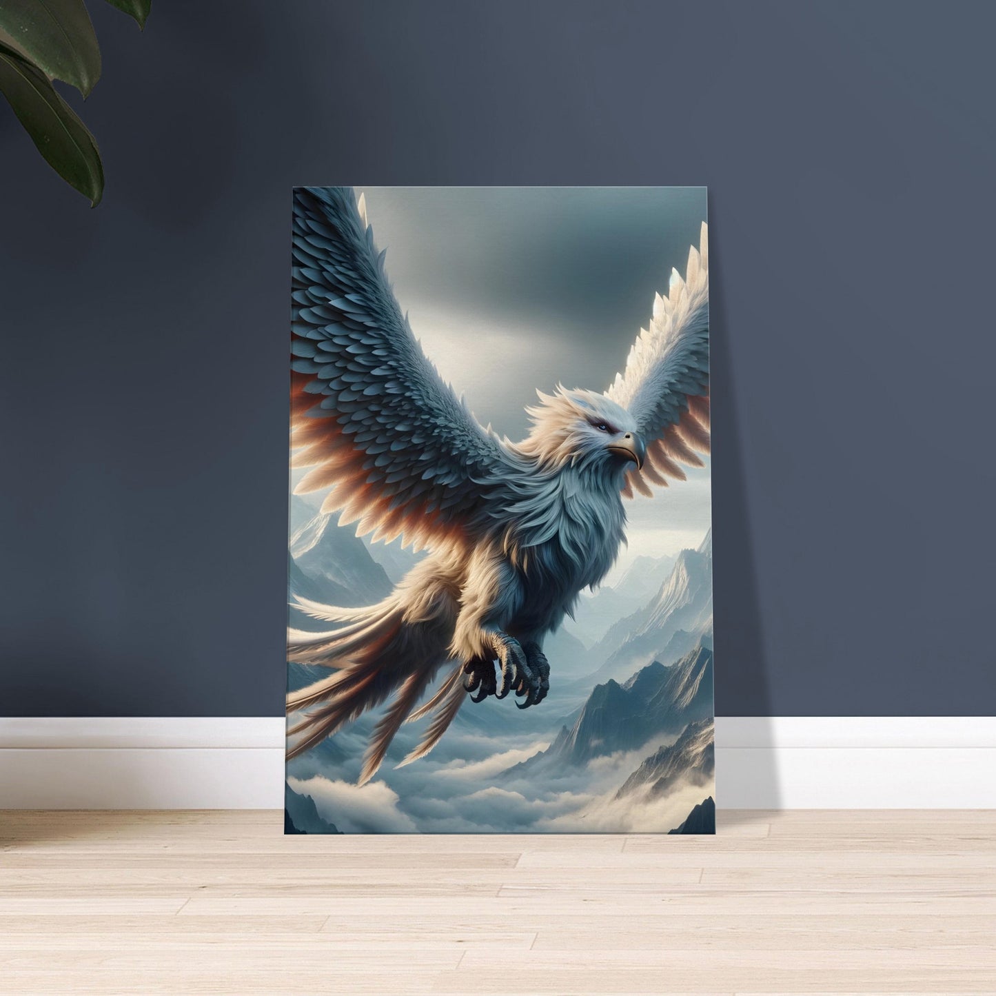 Artwork of a massive Roc bird flying over a mountainous landscape with wide wings and detailed feathers.