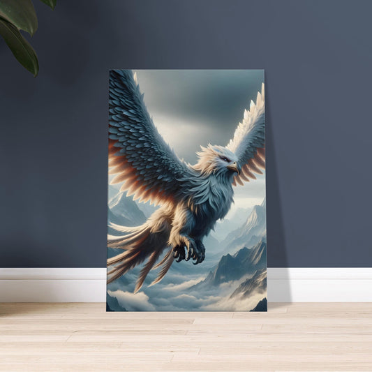Artwork of a massive Roc bird flying over a mountainous landscape with wide wings and detailed feathers.