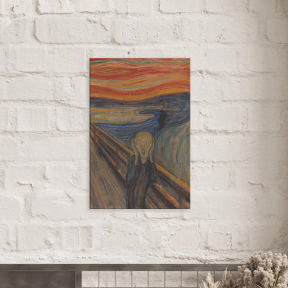 Canvas art reproduction of Edvard Munch’s The Scream, featuring a haunting figure against a swirling, intense sky expressing raw existential fear and anxiety.