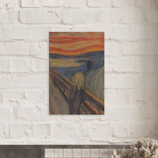 Canvas art reproduction of Edvard Munch’s The Scream, featuring a haunting figure against a swirling, intense sky expressing raw existential fear and anxiety.