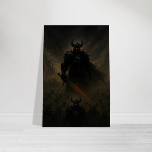 Dark fantasy wall art showing armored warlord leading vast glowing-eyed army across smoky battlefield.
