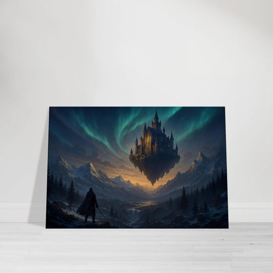 Floating fantasy fortress above snowy mountains with auroras and lone adventurer gazing upward.