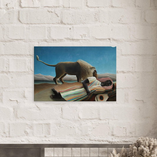 Canvas art reproduction of Henri Rousseau’s "The Sleeping Gypsy," featuring a sleeping figure under a moonlit sky with a curious lion in a surreal, dreamlike landscape.