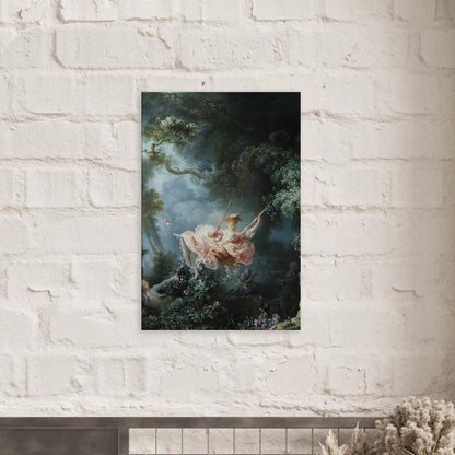 Canvas art reproduction of Fragonard’s The Swing, depicting a young woman playfully swinging in a lush garden with vibrant colors and flowing Rococo brushwork.