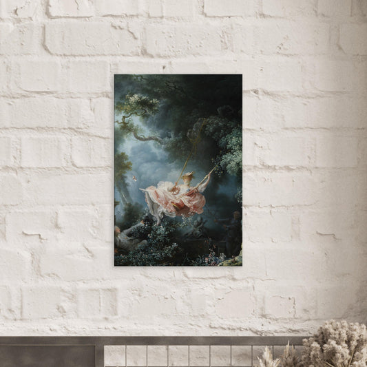 Canvas art reproduction of Fragonard’s The Swing, depicting a young woman playfully swinging in a lush garden with vibrant colors and flowing Rococo brushwork.