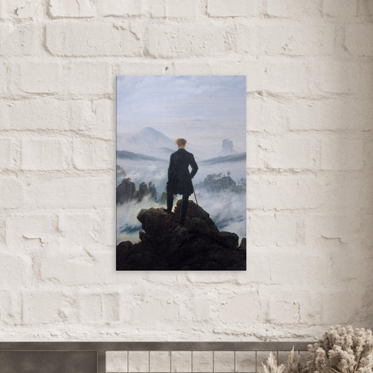 Canvas art reproduction of Caspar David Friedrich’s The Wanderer Above the Sea of Fog, depicting a lone figure standing on a cliff overlooking a misty mountain landscape.