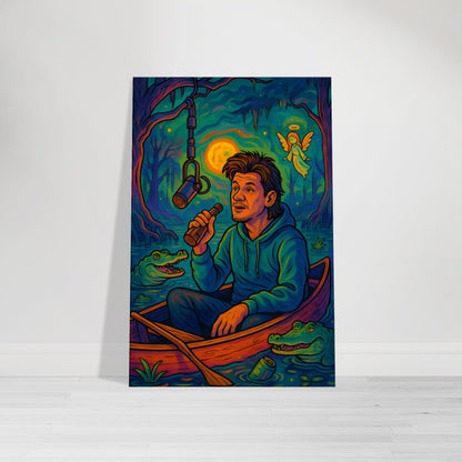 Psychedelic cartoon of Theo Von sitting in a canoe in a glowing swamp, talking into a hanging mic, surrounded by gators and surreal swamp creatures.