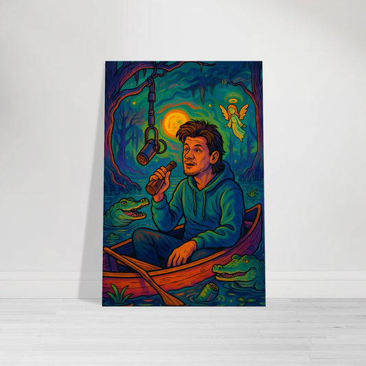 Psychedelic cartoon of Theo Von sitting in a canoe in a glowing swamp, talking into a hanging mic, surrounded by gators and surreal swamp creatures.
