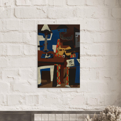 Canvas art reproduction of Pablo Picasso’s Three Musicians, featuring vibrant cubist shapes and colors depicting three stylized figures in abstract harmony.