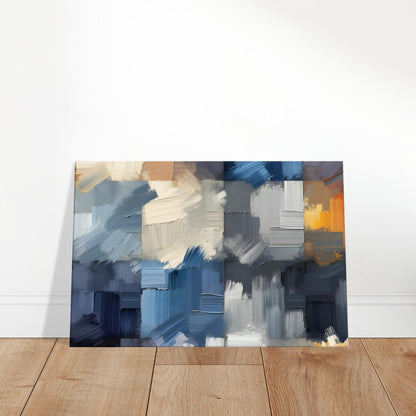 Abstract canvas featuring monochrome brushstrokes with rich texture and tonal contrast, creating light and depth.