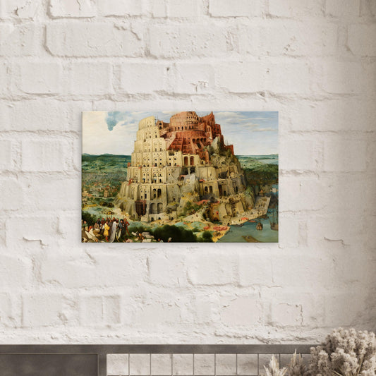 Canvas art reproduction of Pieter Bruegel the Elder’s The Tower of Babel, featuring intricate figures and towering architectural structures in a biblical scene.