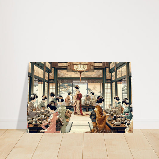 Japanese tea ceremony with people in kimonos inside a softly colored tea room, overlooking a tranquil garden.
