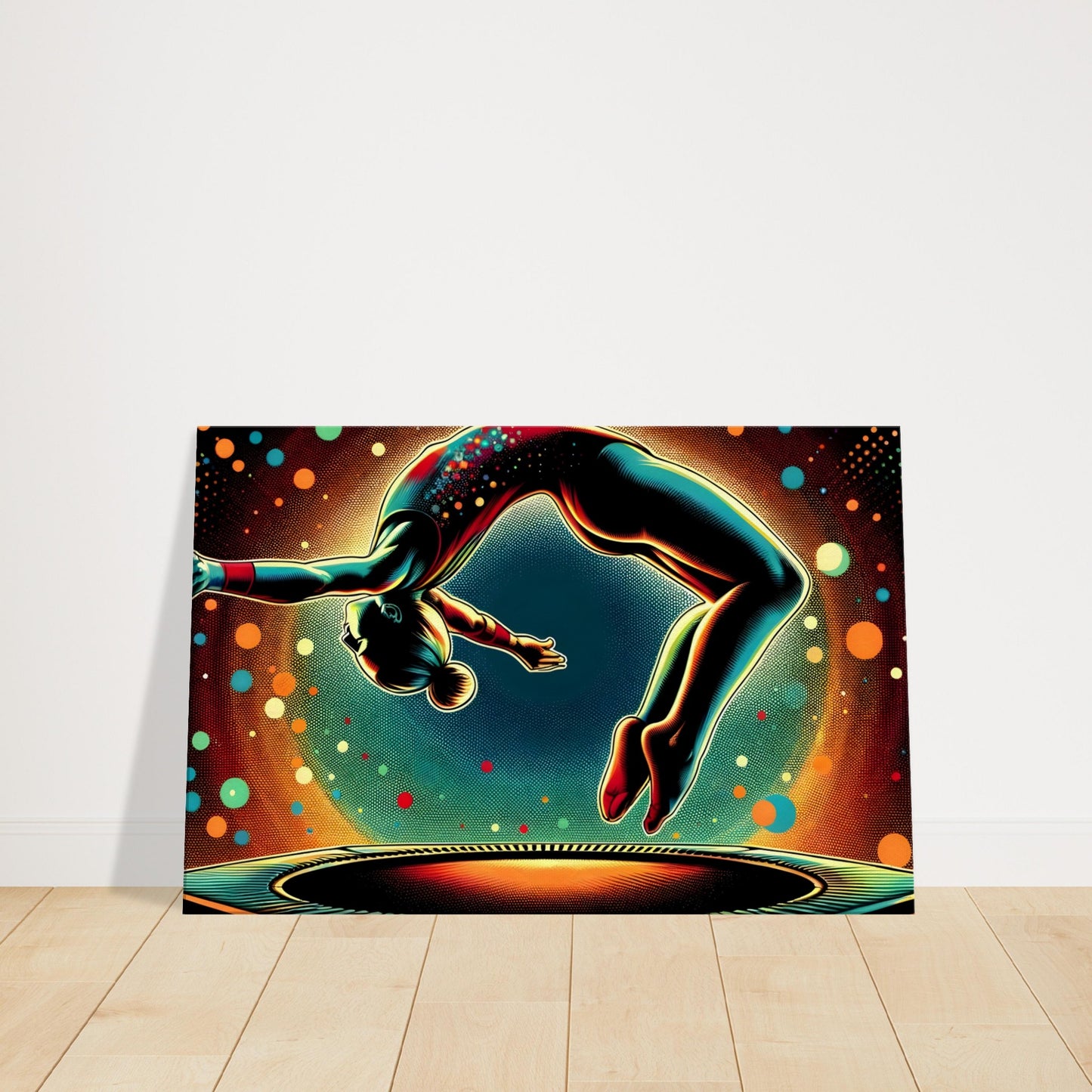 Canvas art of a trampolinist mid-air with colorful curves and cosmic-like dots, symbolizing motion, energy, and freedom.