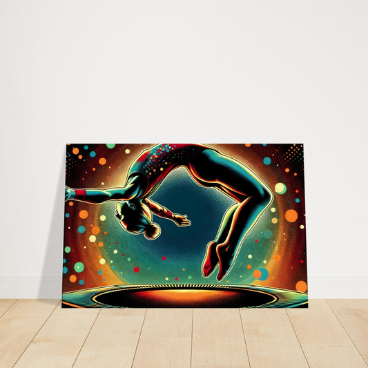 Canvas art of a trampolinist mid-air with colorful curves and cosmic-like dots, symbolizing motion, energy, and freedom.