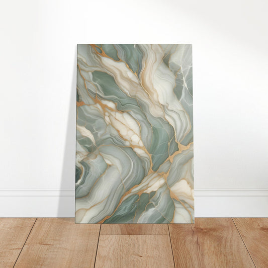Sage green marble wall art with cream and gold veining and a polished finish for a serene, nature-inspired look.