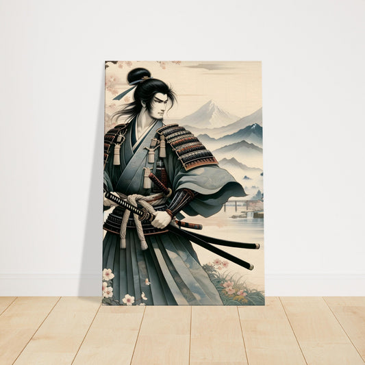 Samurai warrior in a peaceful Japanese garden with cherry blossoms, a stream, and distant mountains in soft, natural tones.