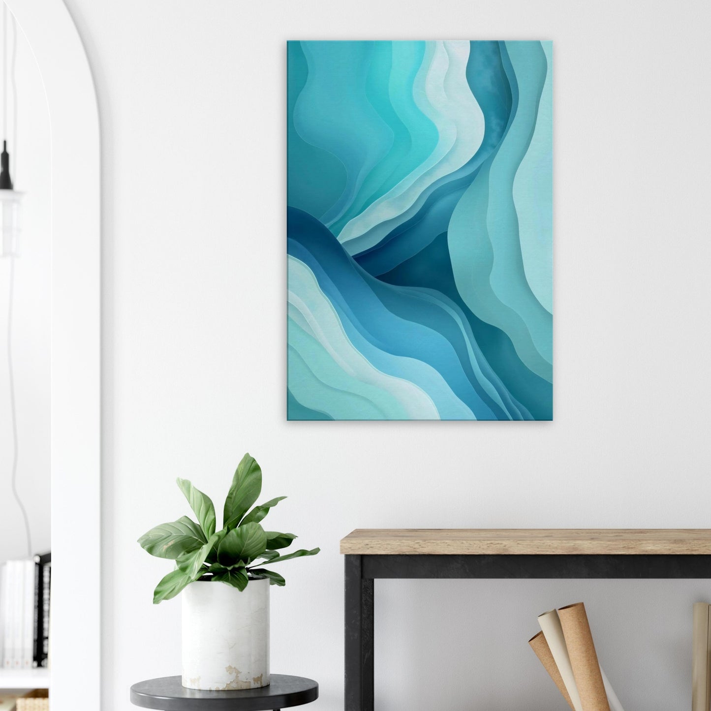 Portrait canvas with vertical abstract layers of turquoise, aqua, and soft seafoam forming water-inspired textures.