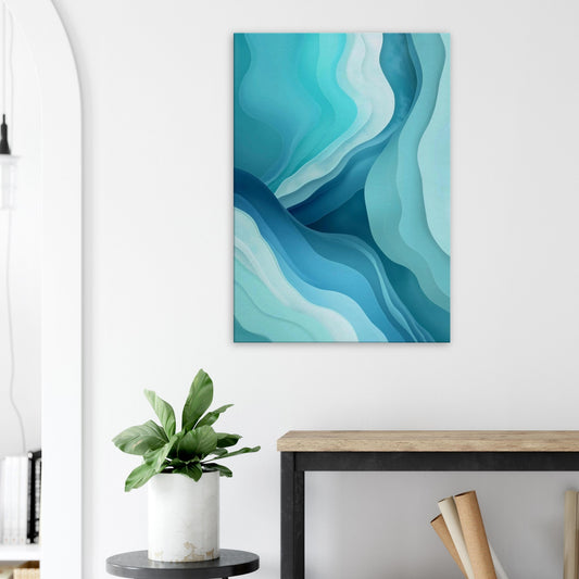 Portrait canvas with vertical abstract layers of turquoise, aqua, and soft seafoam forming water-inspired textures.